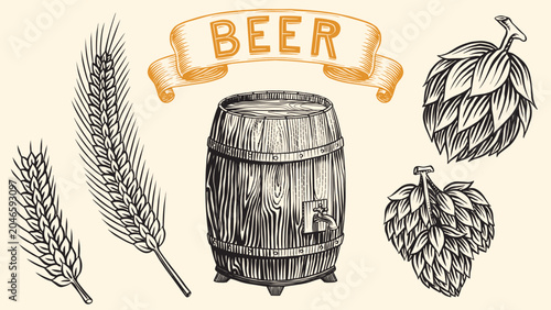 Schilderij op canvas A beer banner a hop plant and a wooden barrel