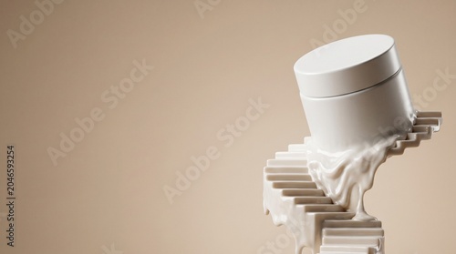 Surreal unbranded white cosmetic cream jar melting into fluid architectural staircase structure on right third with solid beige background empty copy space on the left side for conceptual text