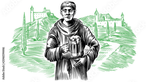 Bild auf Leinwand A monk stands with a cup of beer against the backdrop of a Benedictine monastery landscape