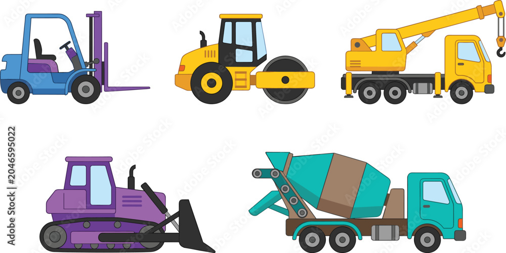 Naklejka premium Industrial Construction Vehicles Vector Set Featuring Forklift Bulldozer Road Roller Crane Truck and Concrete Mixer