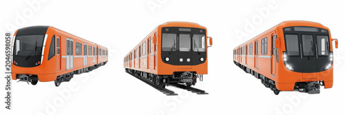 Modern Orange Subway Train Locomotive Transparent PNG Clipart Set, Urban Railway Transport Vehicle Collection, Public Transit Passenger Train Bundle, City Graphic Design Elements Cutout Isolated Asset