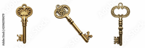 Isolated Vintage Golden Skeleton Key 3D Render Transparent Background Antique Security Access Success Mystery Symbol Graphic High Resolution Commercial Microstock Clip Art