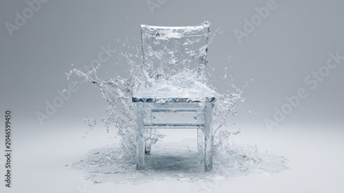A chair made of water, realistic splash details, white studio background.