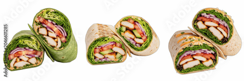 Isolated Fresh Chicken Salad Wraps Halved 3D Illustration Transparent Background Healthy Tortilla Roll Gourmet Snack Culinary Graphic High Resolution Commercial Microstock