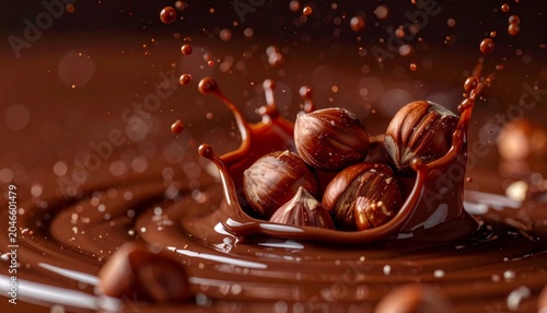 Hazelnuts splashing into rich flowing melted chocolate