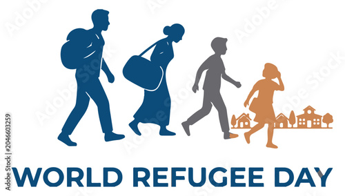 Bild auf Leinwand World Refugee Day Illustration with Migrating Family Silhouettes