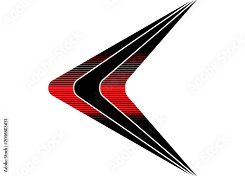 Red and black striped arrow on a white background. Pointer, direction, navigation. Sports pattern. Modern design element for covers, advertising, interior. Decor for car body, boat, sportswear.