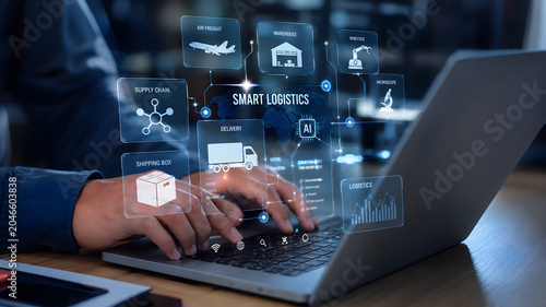 A hand engages with digital icons representing the logistics and transportation sectors, highlighting the integration of technology and innovation in management processes. Ledger