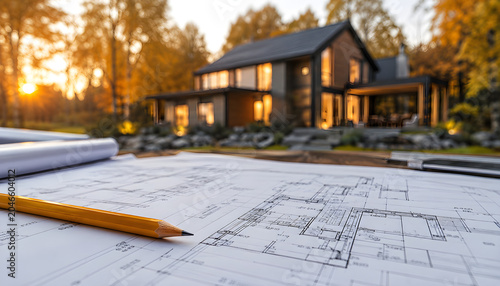 House blueprint with pencil on paper near modern home in autumn forest. Architect plans new building. Design construction process. Real estate development.