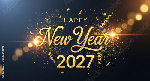Happy new year 2027 elegant gold typography with festive sparkle and confetti