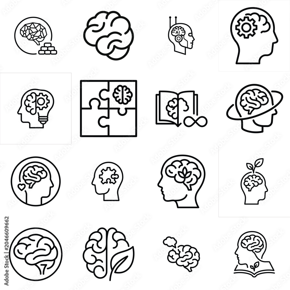 Fototapeta premium A collection of human brain, mindset, and artificial intelligence line icons. Features vector illustrations of brain, human head, gear mechanism, puzzle, growth, and AI concepts,