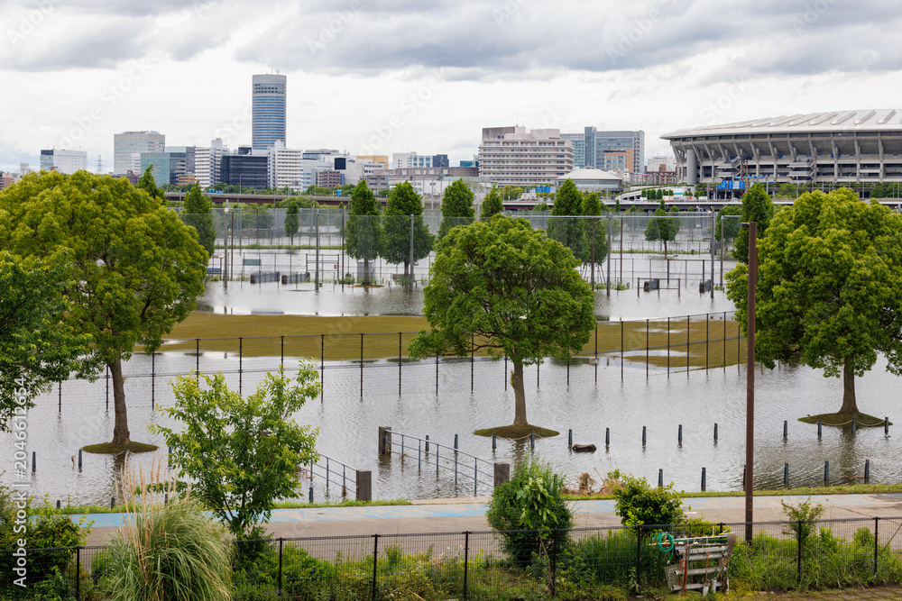 Obraz premium 台風や大雨で河川が氾濫し水没した公園、横浜