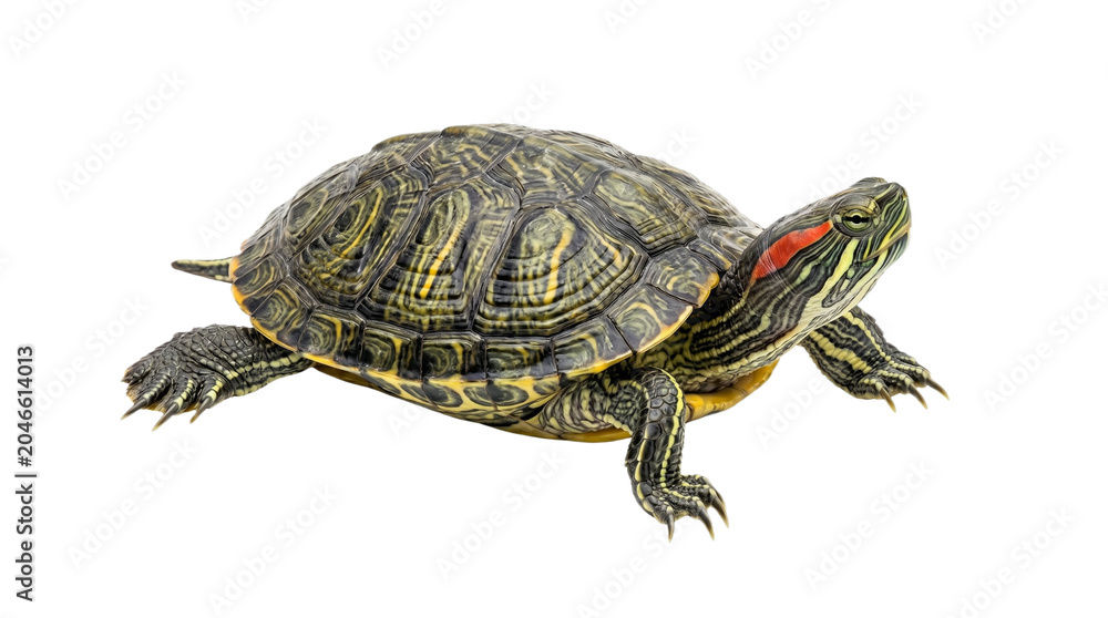 Obraz premium A turtle with a patterned shell and red markings on its head and neck, isolated on a white background