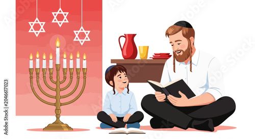 Schilderij op canvas Father and son reading together during Hanukkah celebration, jewish family tradi
