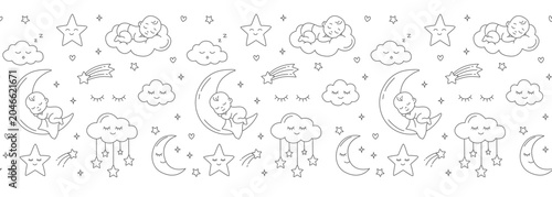 Photos Sleeping baby on crescent moon and cloud seamless doodle border banner pattern