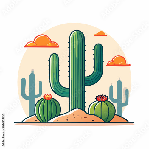 Desert Landscape with Saguaro and Barrel Cacti