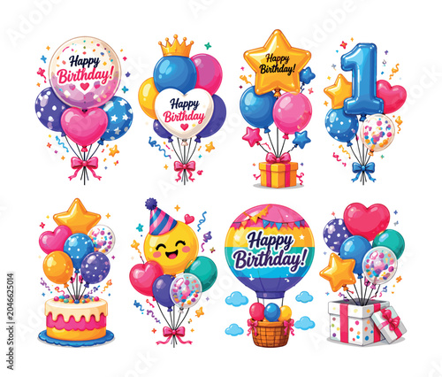 Collection of colorful birthday celebration elements with balloons and gifts