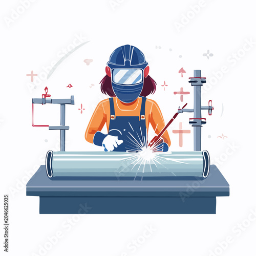Female Welder Working on Pipe with Sparks