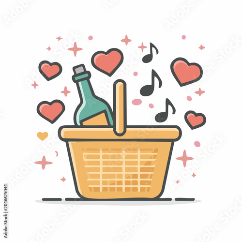 Flat design picnic basket with wine, hearts and music notes
