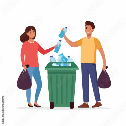 People recycling plastic bottles into a green bin