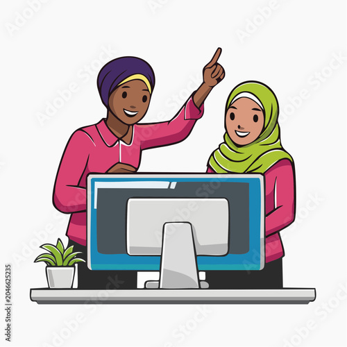 Two women in hijabs working together on a computer