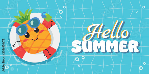 Summer design with a pineapple floating in a pool on an inflatable ice cream float. Empty space for text and bright colors