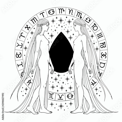 Mystical female figures in doorway.