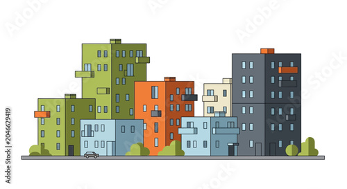 Canvastavla Modern Cityscape Illustration: Colorful Apartment Buildings with Balconies