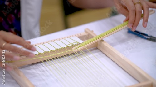 Close-Up Wooden Loom with Threads for Handmade Weaving