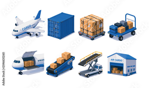 Collection of isometric illustrations depicting air cargo logistics and transportation services