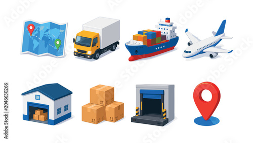 Global logistics and delivery icons including truck, ship, plane, and warehouse