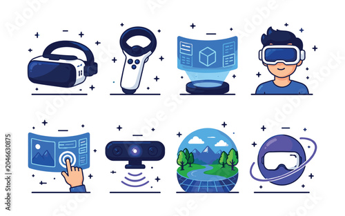Virtual reality technology icons showcasing immersive experiences and digital interaction