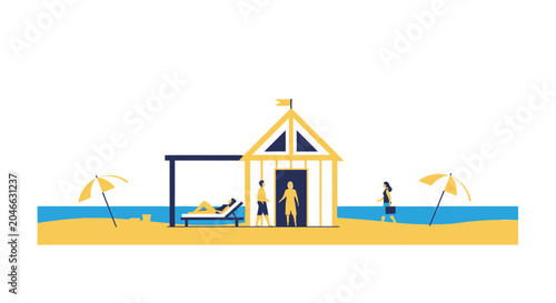 Foto Beach scene with changing hut, sunbathers, umbrellas, and people walking by