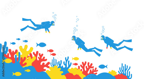 Canvastavla Divers exploring colorful coral reef with tropical fish, underwater scene