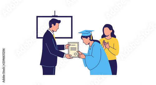Foto Graduation Ceremony: Diploma Awarded to Student in Cap and Gown, Family Applauds