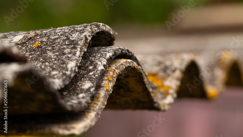 Old corrugated asbestos roof showing decay and lichen