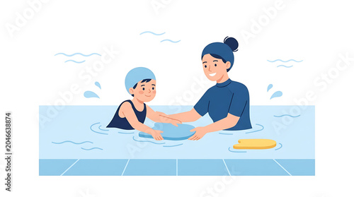 A woman teaches a young child how to swim in a pool with a flotation device.