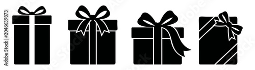 Set of gift boxes icons, black silhouettes of presents with ribbons and bows, vector illustration