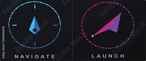 Fotografija Abstract digital icons representing navigation and launch functions with compass and arrow pointers on a dark background, showcasing modern UI design elements