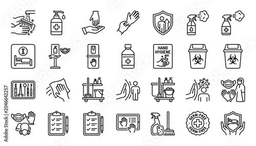 Fotografía Hygiene and sanitation line icons healthcare cleaning and safety measures