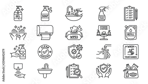 Foto Hygiene and sanitation icon set handwashing cleaning and safety measures