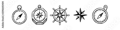 Schilderij op canvas Set of vintage nautical and navigational icons featuring hand-drawn compasses, a ship's steering wheel, and a wind rose