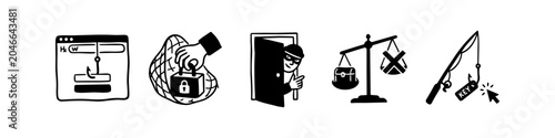 Tableau sur toile Hand-drawn cybersecurity icon set illustrating common digital threats like phishing, data breaches, and unauthorized access