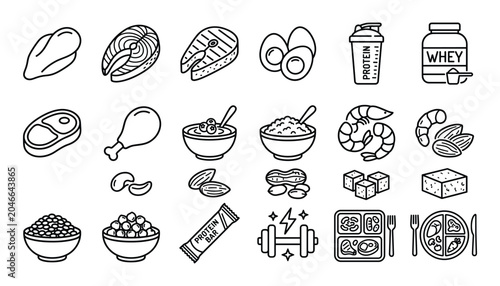 Fotografi High protein food sources collection line art nutrition icons