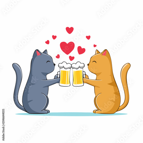 Two Cats Toasting with Beer Mugs Surrounded by Hearts