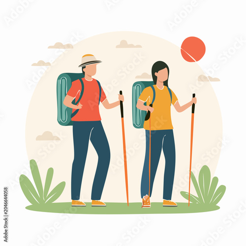 Two hikers with backpacks and trekking poles walking outdoors