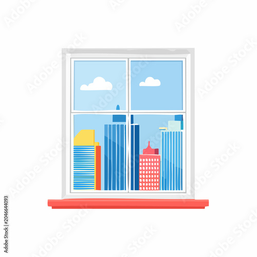 Window View of City Skyline with Clouds