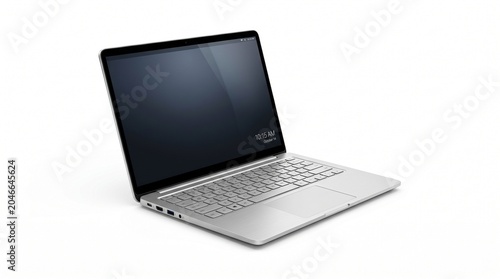 Modern silver laptop isolated on white background, open screen, realistic shadows, studio lighting, ultra detailed product photography, no logo, no branding