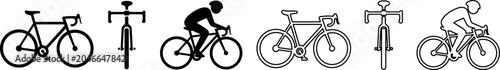 A collection of bicycle icons including a side view, front view, and cyclist in black and white minimalist vector style, ideal for sports and fitness branding