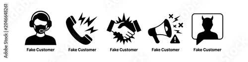 Photos A set of minimalist black icons representing fake customers and fraudulent interactions